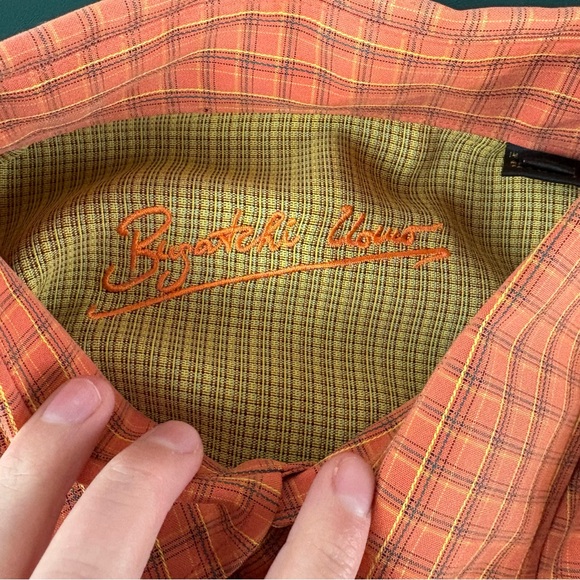 BUGATCHI Button Down Mens L Orange Gingham Long Sleeve Preppy (800) - Picture 5 of 9